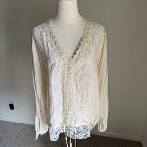 Anthropologie Beyond Vintage Cream Cotton Silk Lace Blouse Women's Large